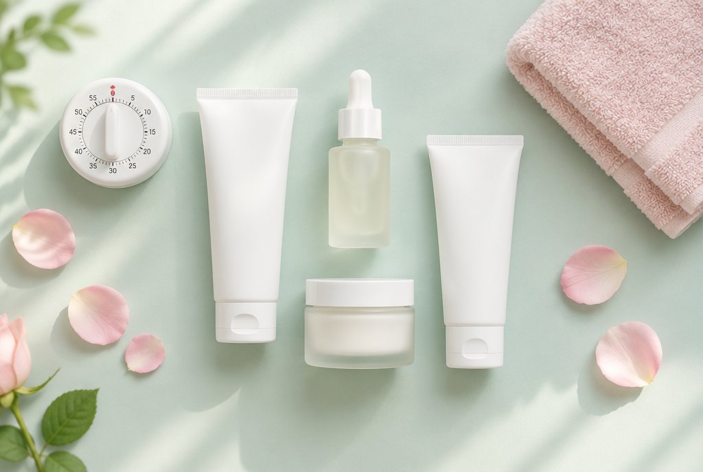 A flat lay of skincare products, a kitchen timer and a pink towel on a mint surface
