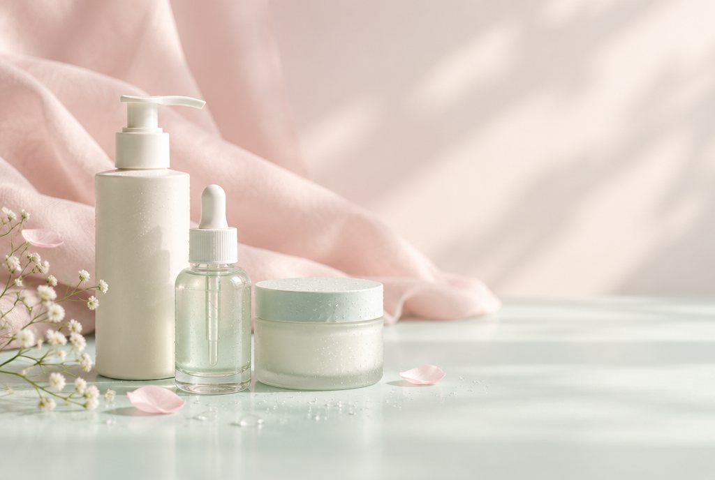 Soft pink and mint skincare still life with a pump bottle, a dropper bottle and a cream jar